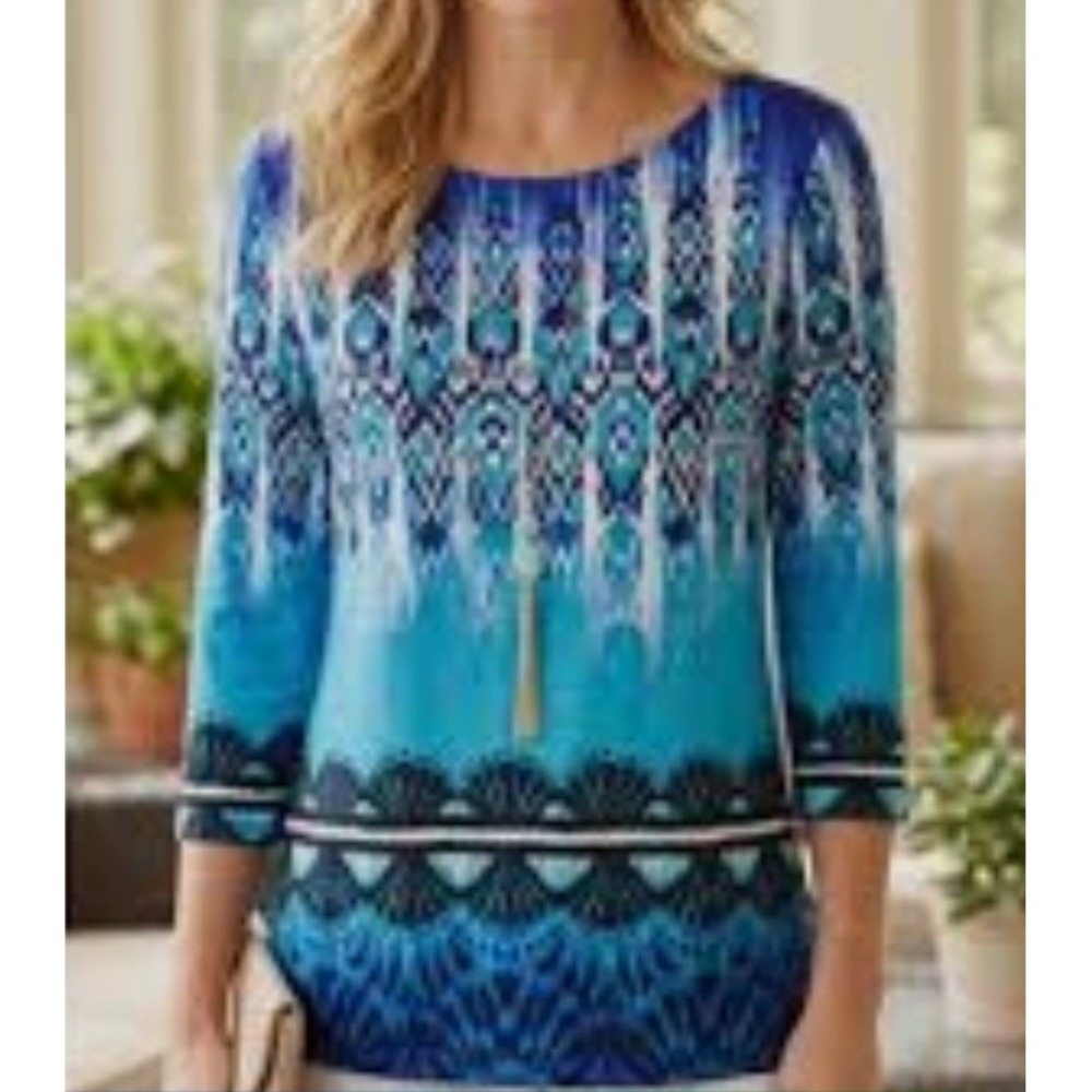 VTG Chicos Blue Ikat Geometric Print Slub Knit 3/4 Sleeve Tunic Top Size 2 L